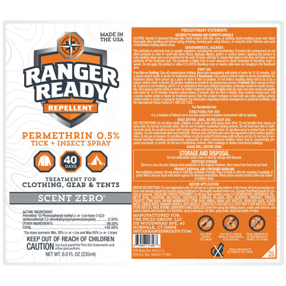 Ranger Ready Repellents 0.5% Permethrin Spray for Clothes & Outdoor Gear - Scent Zero, 8 fl oz