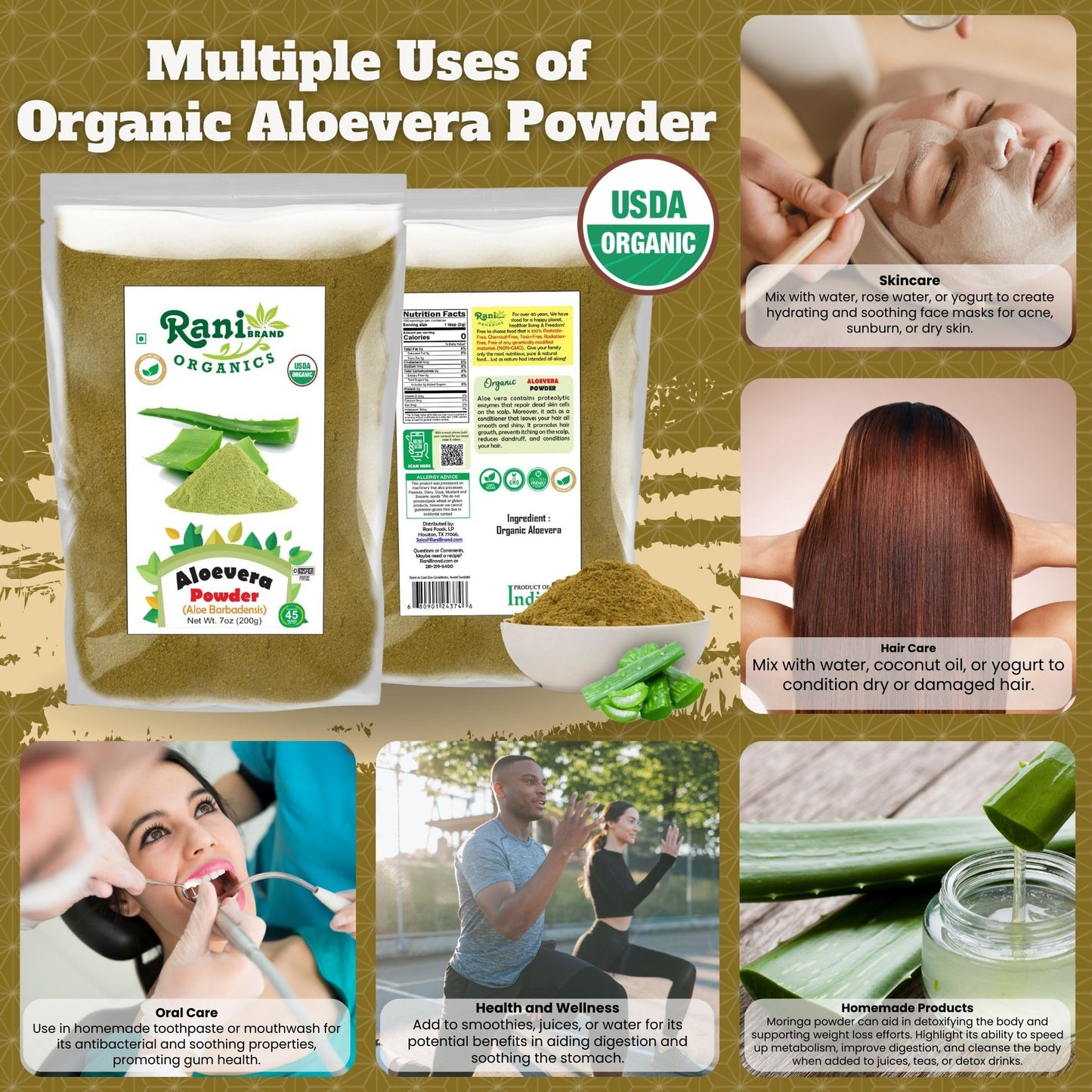 Rani Organic Aloe Vera Powder (Aloe Barbadensis) 7oz/200g – USDA Organic, Kosher, Non-GMO, Gluten Friendly