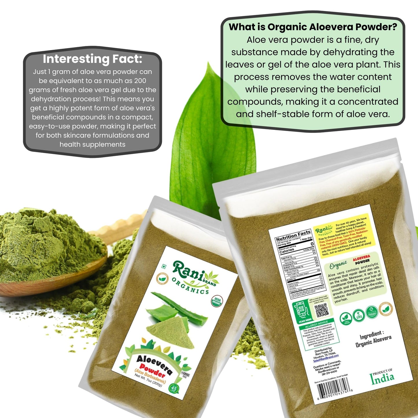Rani Organic Aloe Vera Powder (Aloe Barbadensis) 7oz/200g – USDA Organic, Kosher, Non-GMO, Gluten Friendly