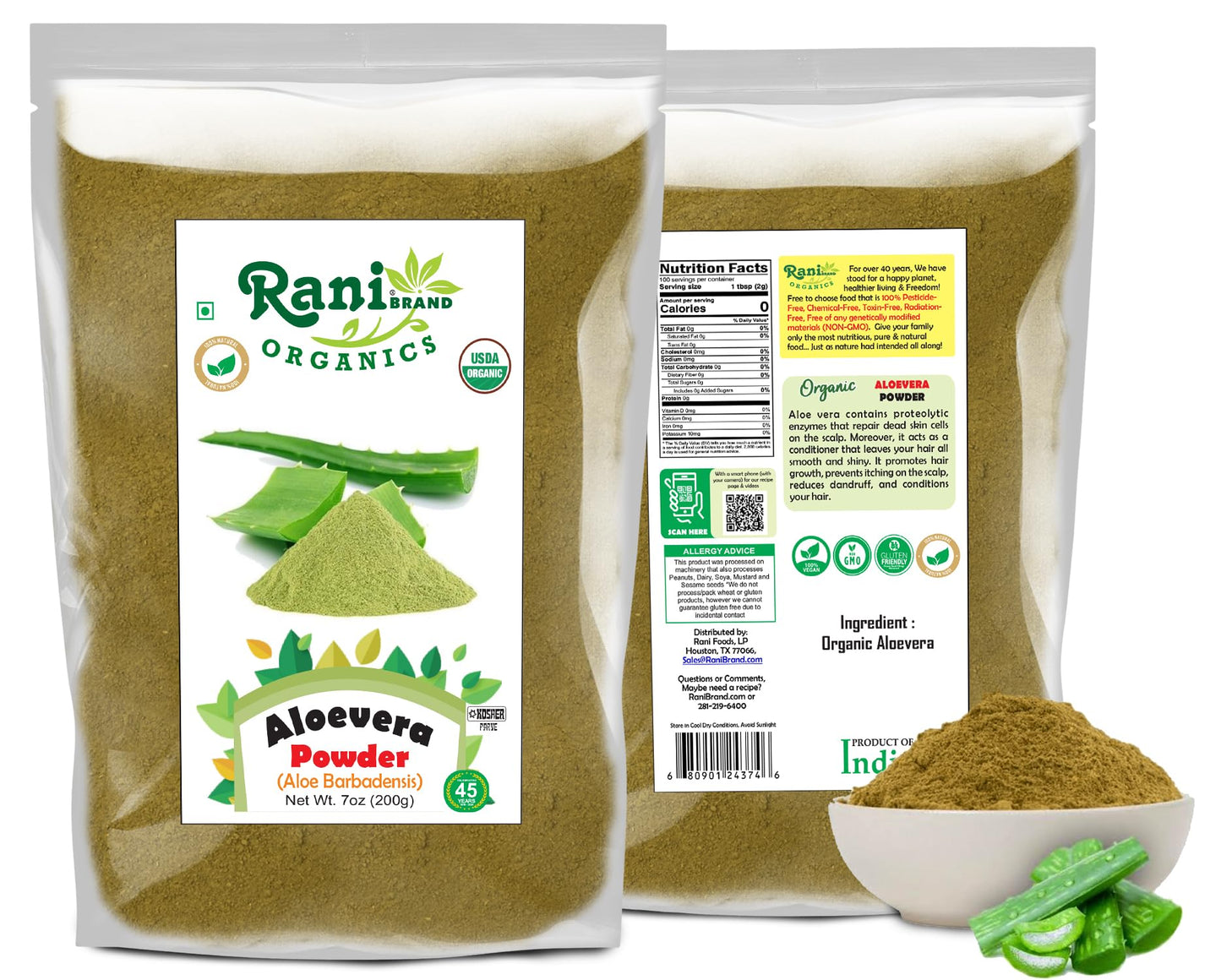 Rani Organic Aloe Vera Powder (Aloe Barbadensis) 7oz/200g – USDA Organic, Kosher, Non-GMO, Gluten Friendly