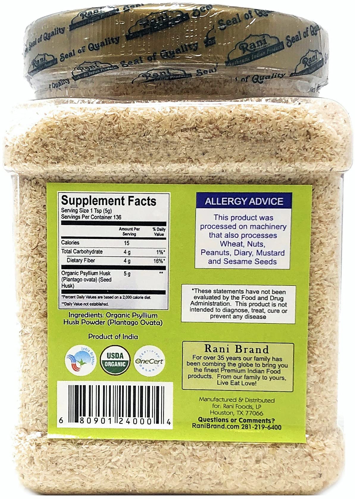Rani Organics Psyllium Whole Husk Powder (Isabgol) – USDA Organic Dietary Fiber, 9.8oz Jar