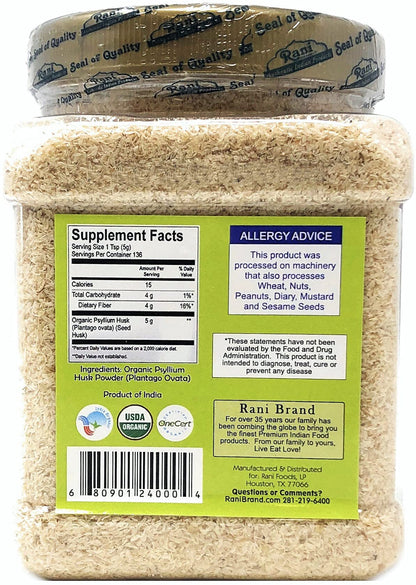 Rani Organics Psyllium Whole Husk Powder (Isabgol) – USDA Organic Dietary Fiber, 9.8oz Jar