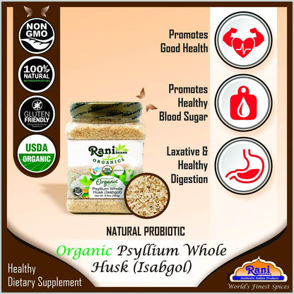 Rani Organics Psyllium Whole Husk Powder (Isabgol) – USDA Organic Dietary Fiber, 9.8oz Jar