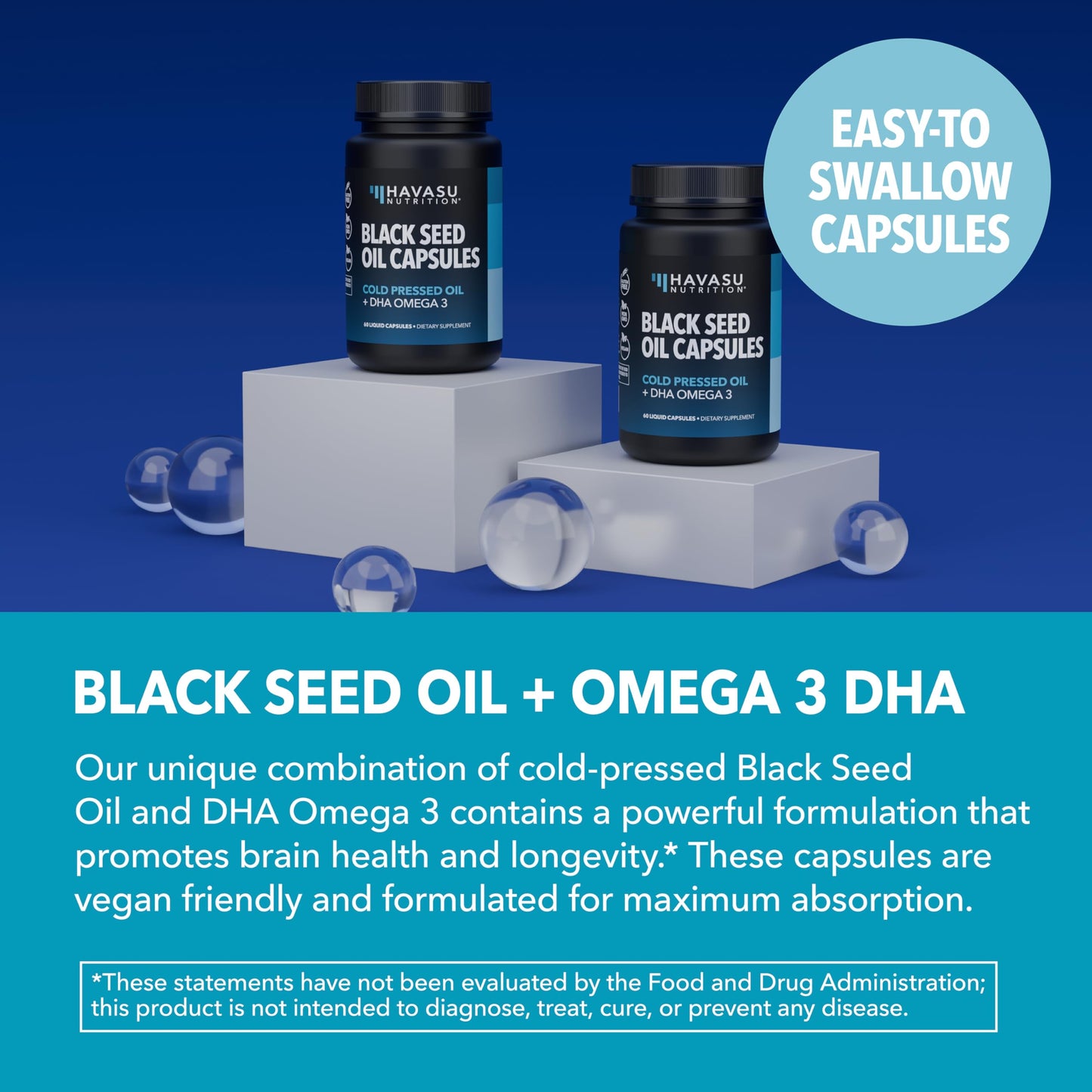 Black Seed Oil with DHA for Brain Health – Cold Pressed Black Cumin Seed Oil, DHA Omega-3 (60 Capsules) – Vegan, Non-GMO, Gluten-Free, 1 Month Supply