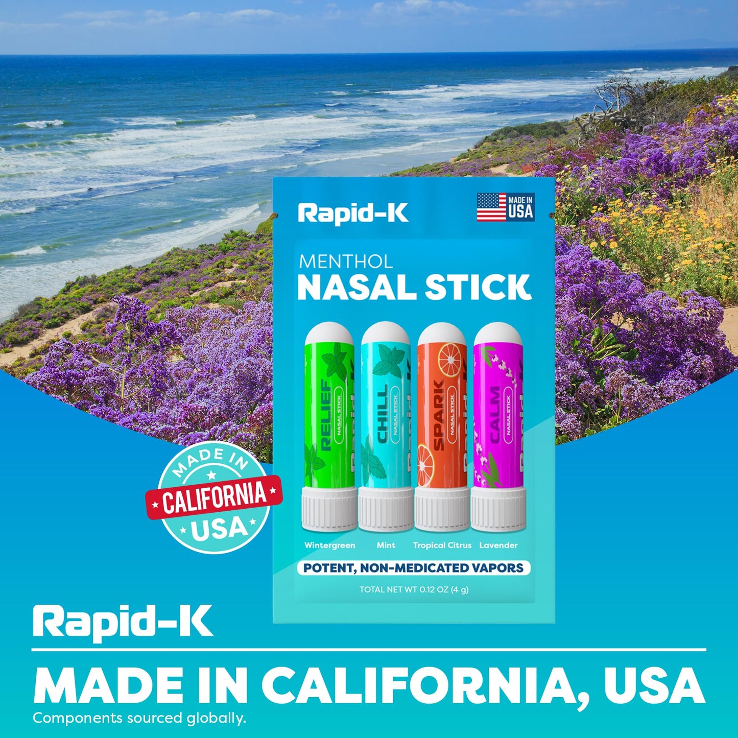 Rapid-K Nasal Sticks 4 Pack – Mint, Lavender, Tropical & Wintermint Inhalers for Quick Breathing Comfort
