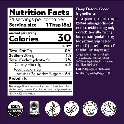 Rasa Deep Dream Cacao – Adaptogenic Sleep Blend | Vegan, Gluten Free with Reishi + Ashwagandha + Jujube (6.77 oz / 24 Servings)