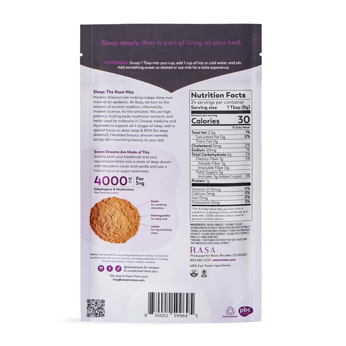 Rasa Deep Dream Cacao – Adaptogenic Sleep Blend | Vegan, Gluten Free with Reishi + Ashwagandha + Jujube (6.77 oz / 24 Servings)