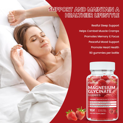 Magnesium Glycinate Gummies 1000mg – Sugar Free Sleep Support | 90 Strawberry Gummies