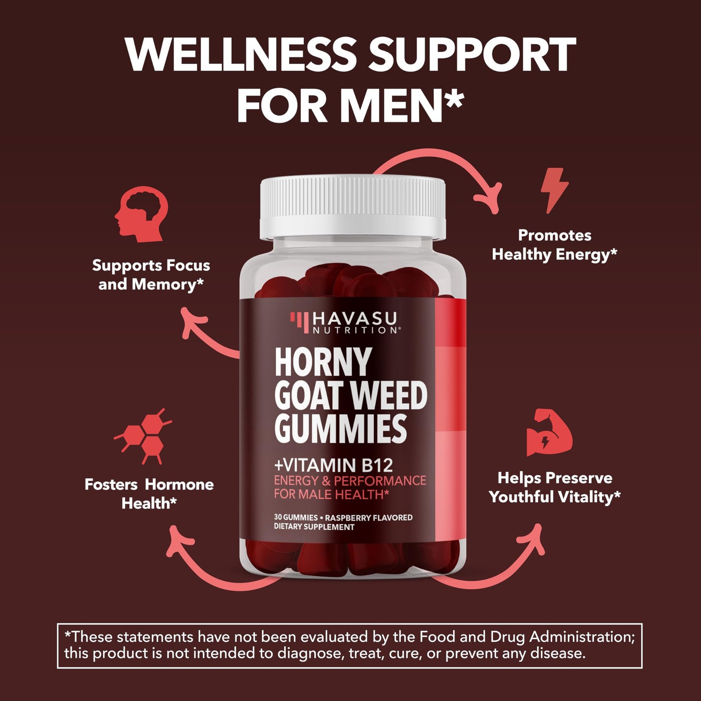 Horny Goat Weed Gummies with Vitamin B12 - Energy & Endurance Support for Men (30 Count) Raspberry