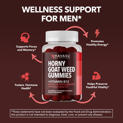 Horny Goat Weed Gummies with Vitamin B12 - Energy & Endurance Support for Men (30 Count) Raspberry