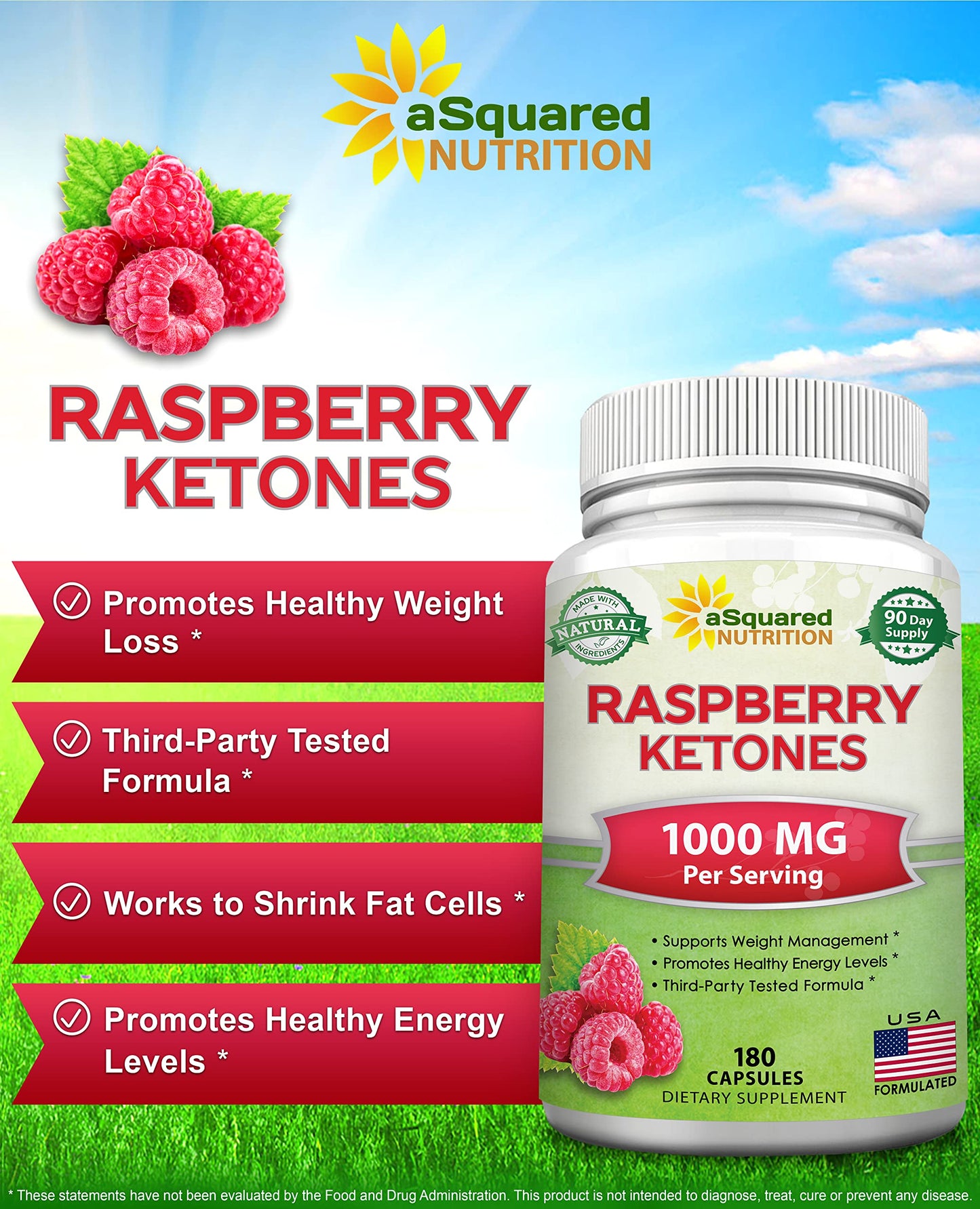 aSquared Nutrition Raspberry Ketones 1000mg - 180 Capsules | 3-Month Supply