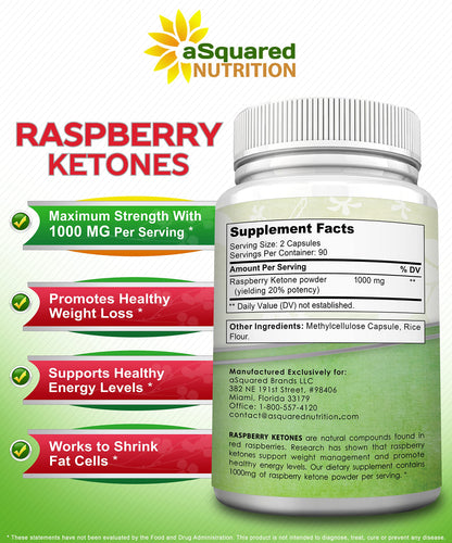 aSquared Nutrition Raspberry Ketones 1000mg - 180 Capsules | 3-Month Supply