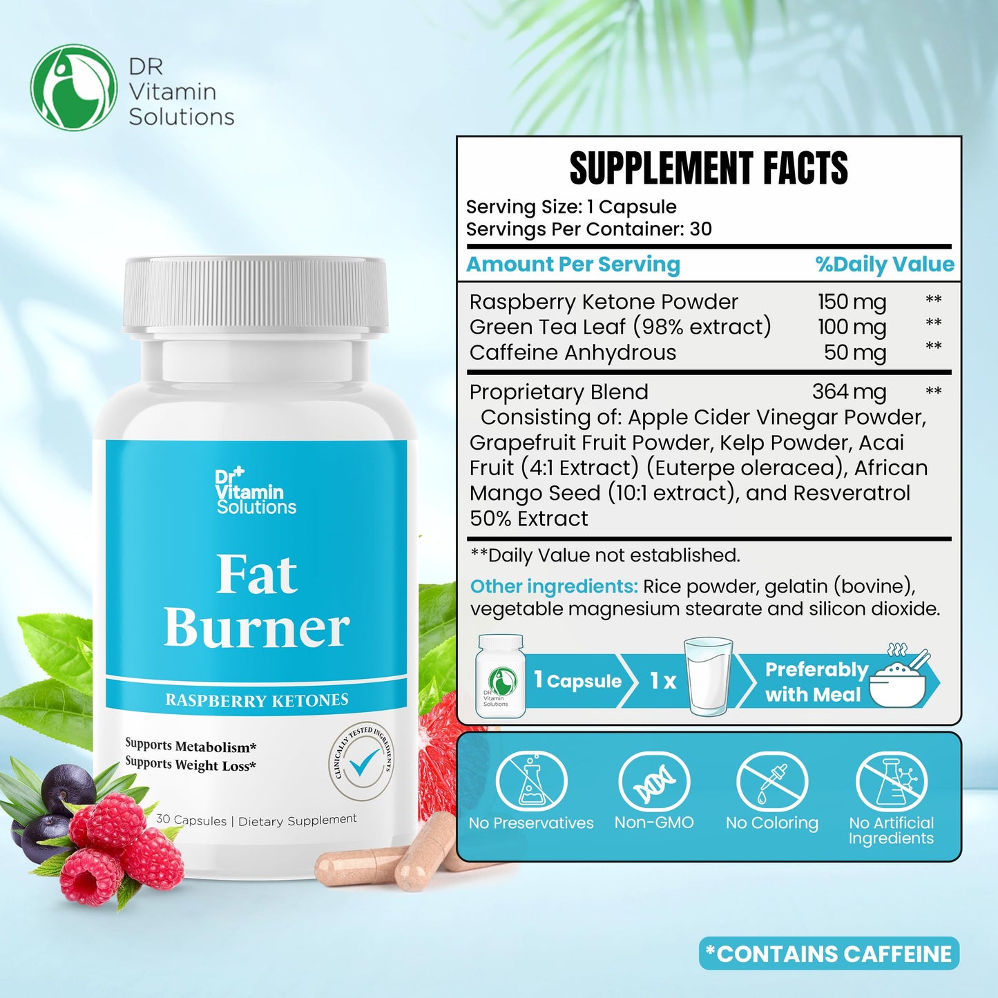 DR VITAMIN SOLUTIONS Fat Burner for Women with GLP-1 Support - Weight Loss Supplements with Raspberry Ketone Powder, Green Tea, Kelp - Natural Weight Loss Pills for Women & Men - 30 Diet Pills