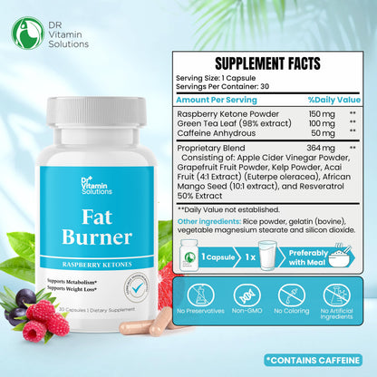 DR VITAMIN SOLUTIONS Fat Burner for Women with GLP-1 Support - Weight Loss Supplements with Raspberry Ketone Powder, Green Tea, Kelp - Natural Weight Loss Pills for Women & Men - 30 Diet Pills