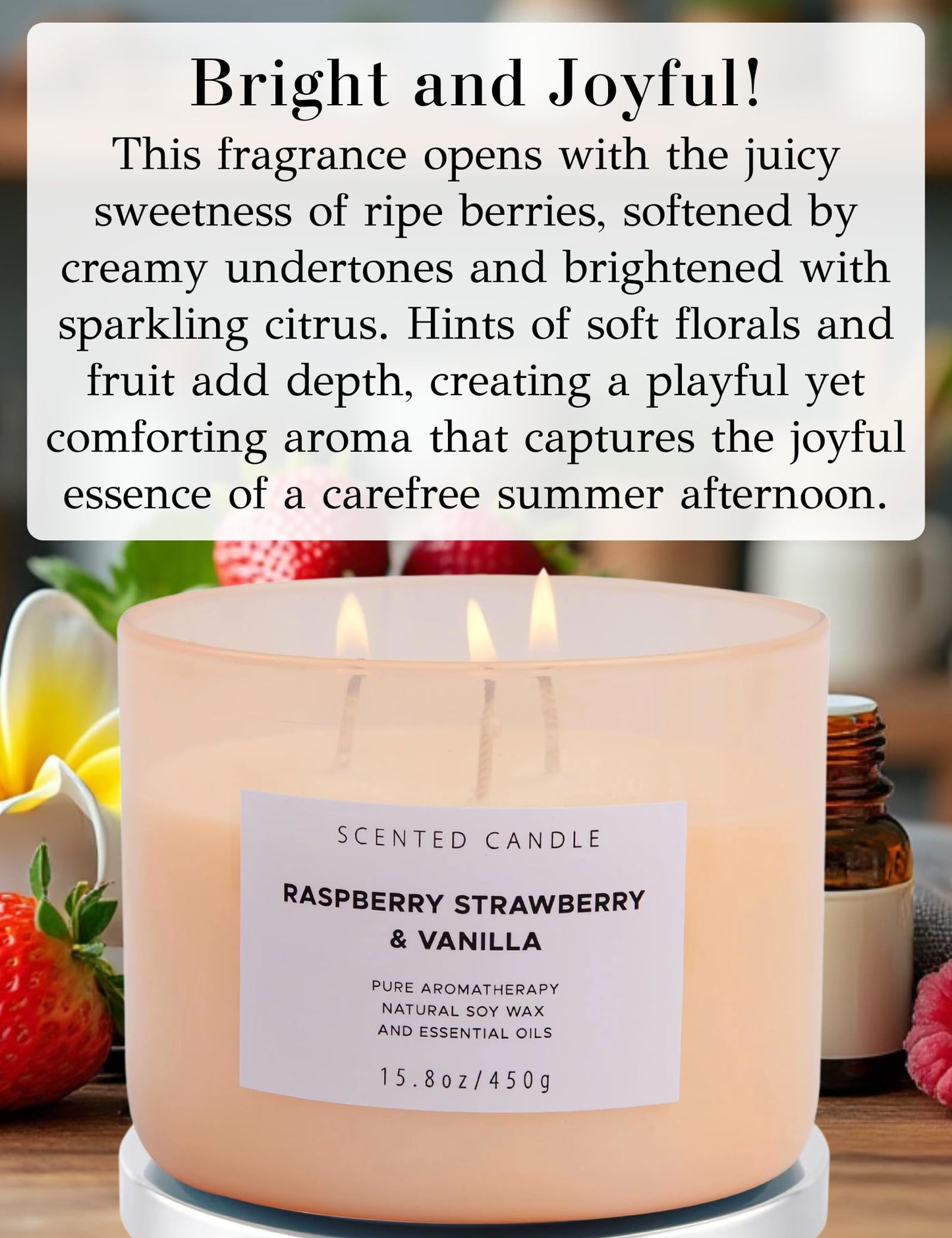 Raspberry Strawberry Vanilla 3-Wick Soy Candle – 15.8 oz | Long-Lasting Aromatherapy with Strong Throw