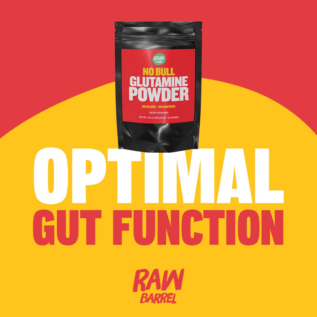 Raw Barrel No Bull L-Glutamine Powder - Unflavored, Micronized, Non-GMO, Vegan, Gluten Free, 300g