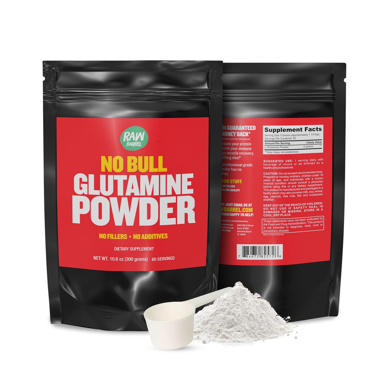 Raw Barrel No Bull L-Glutamine Powder - Unflavored, Micronized, Non-GMO, Vegan, Gluten Free, 300g