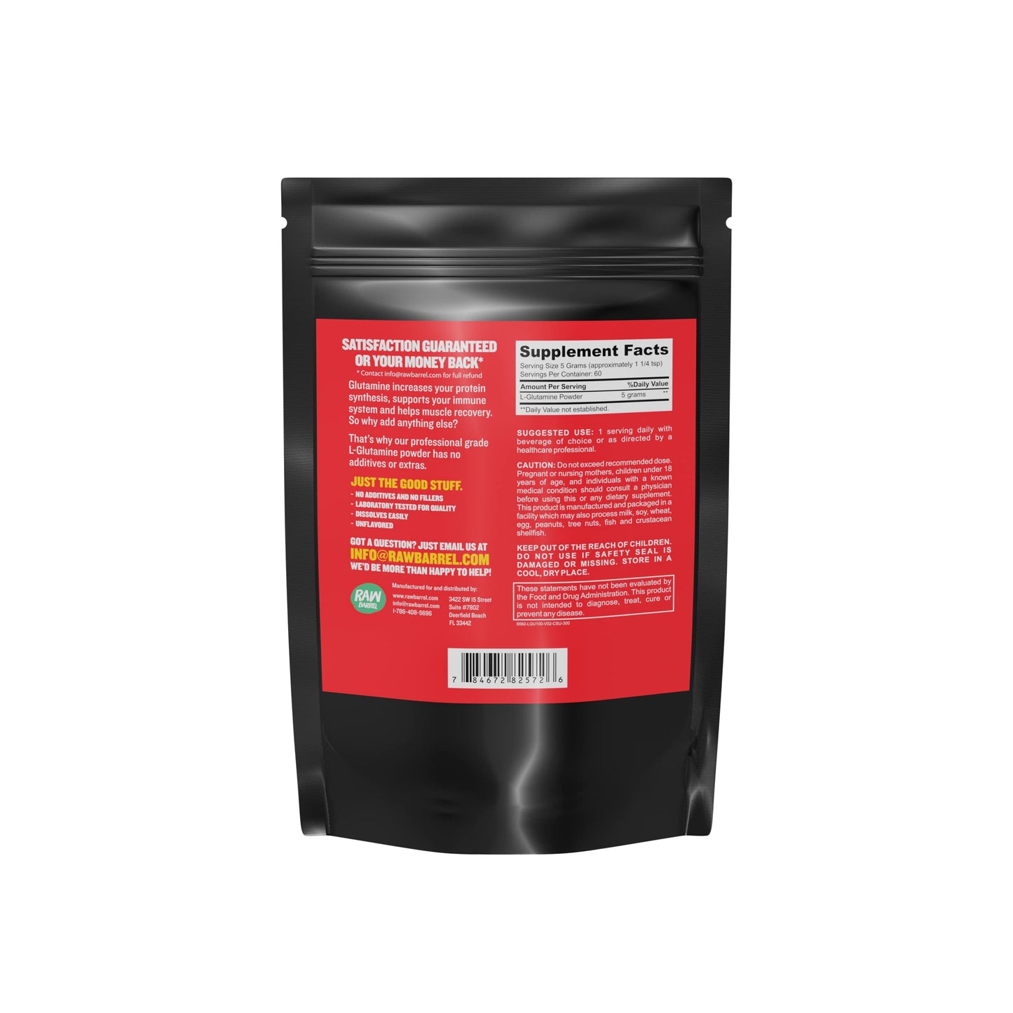 Raw Barrel No Bull L-Glutamine Powder - Unflavored, Micronized, Non-GMO, Vegan, Gluten Free, 300g