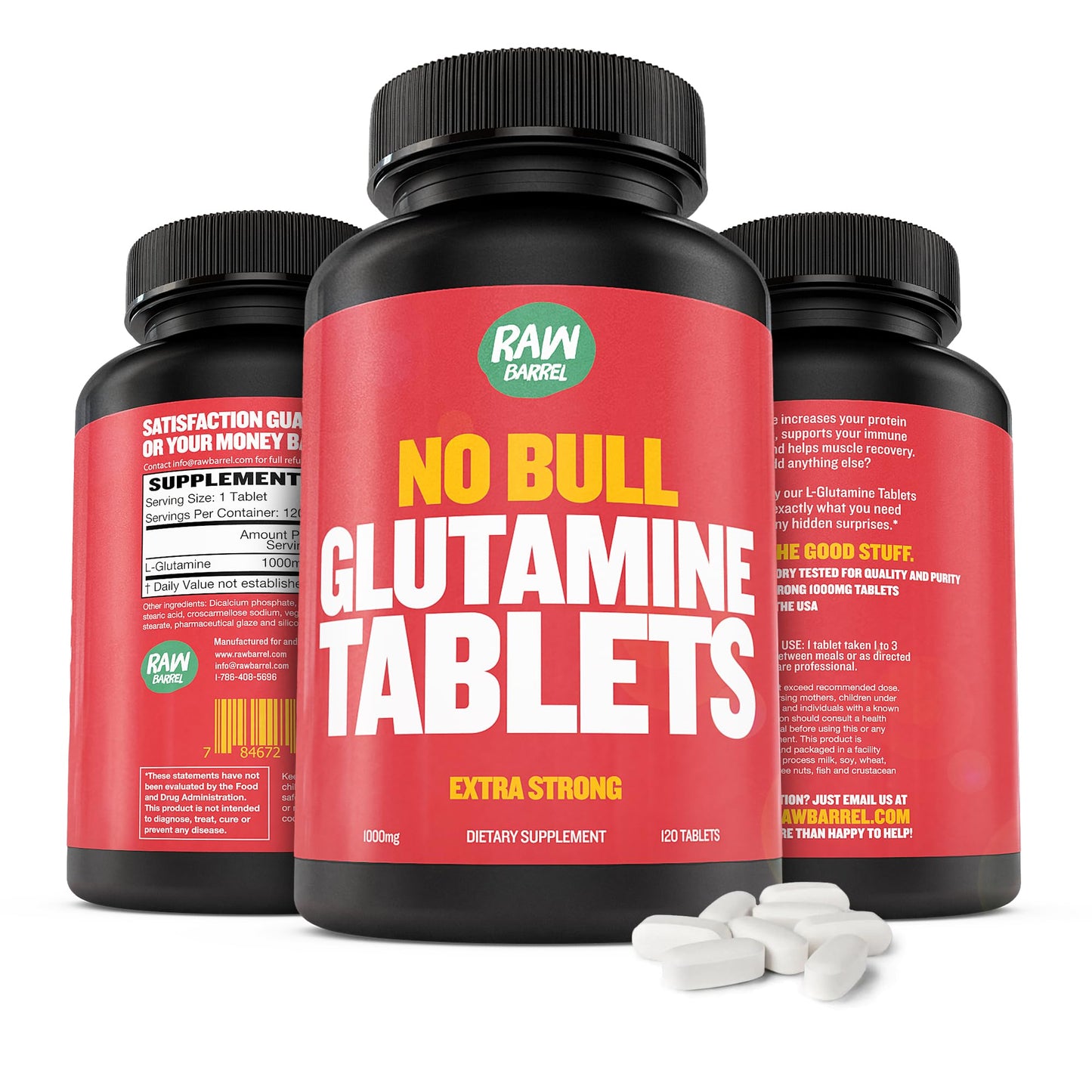 Raw Barrel No Bull L-Glutamine Tablets 1000mg | Non-GMO, Vegan, Gluten-Free