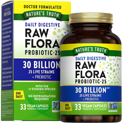 Raw Flora Probiotics with Prebiotics – 30B CFU, 33 Daily Capsules | Vegan, Non-GMO & Gluten Free