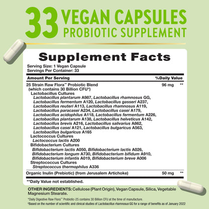 Raw Flora Probiotics with Prebiotics – 30B CFU, 33 Daily Capsules | Vegan, Non-GMO & Gluten Free