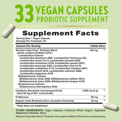 Raw Flora Women's Probiotics — 40B CFU + Prebiotics | 33 Vegan Capsules