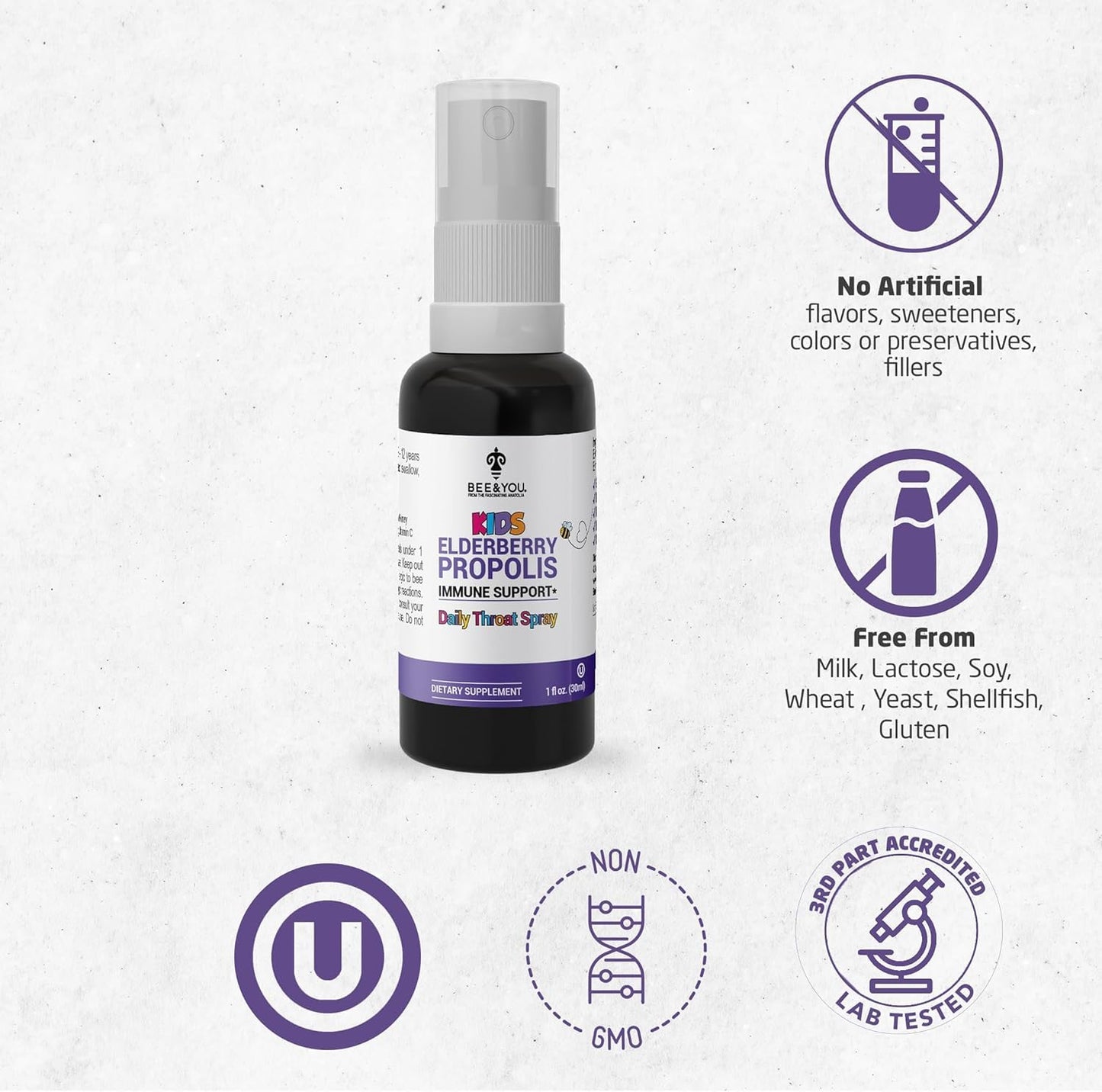 Bee and You Kids Immune Support Throat Spray – Elderberry, Propolis, Vitamin C (1 oz)