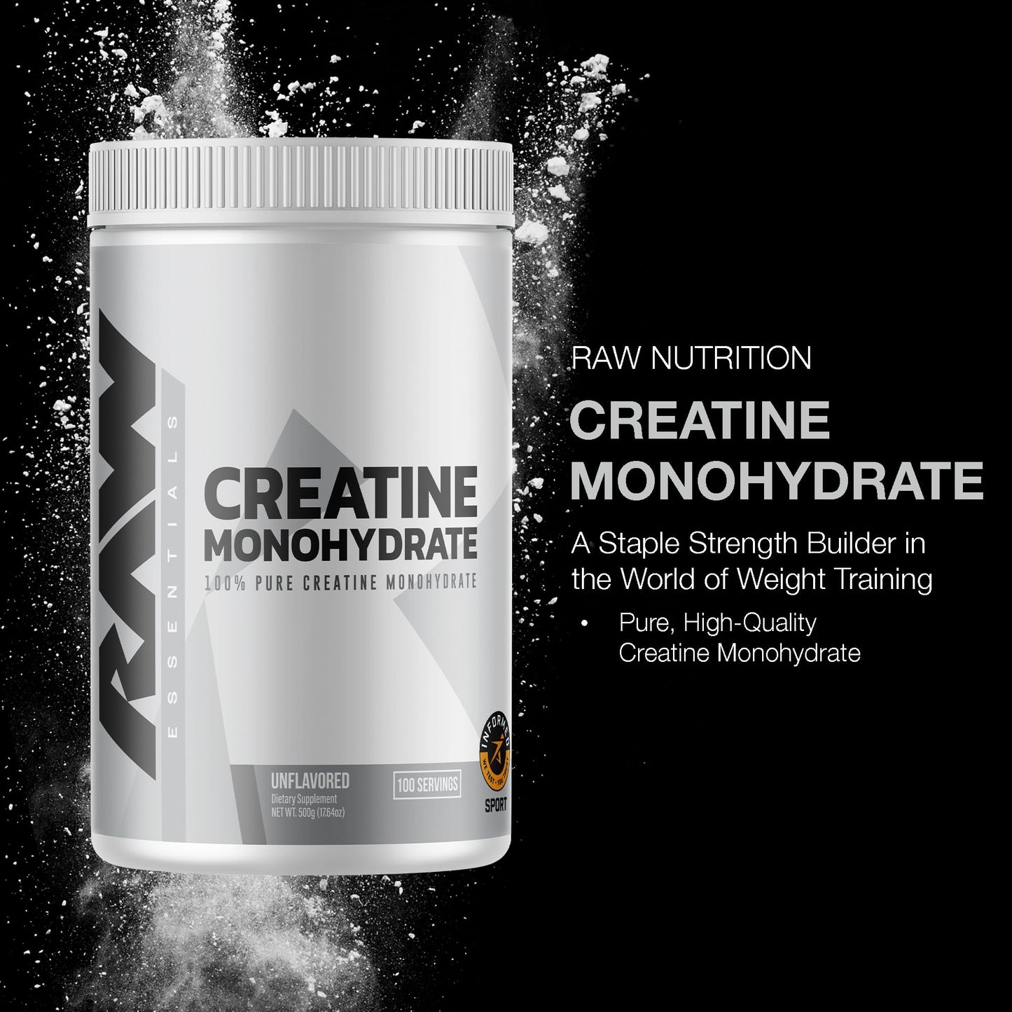 RAW Nutrition Creatine Monohydrate Powder - Unflavored, 100 Servings