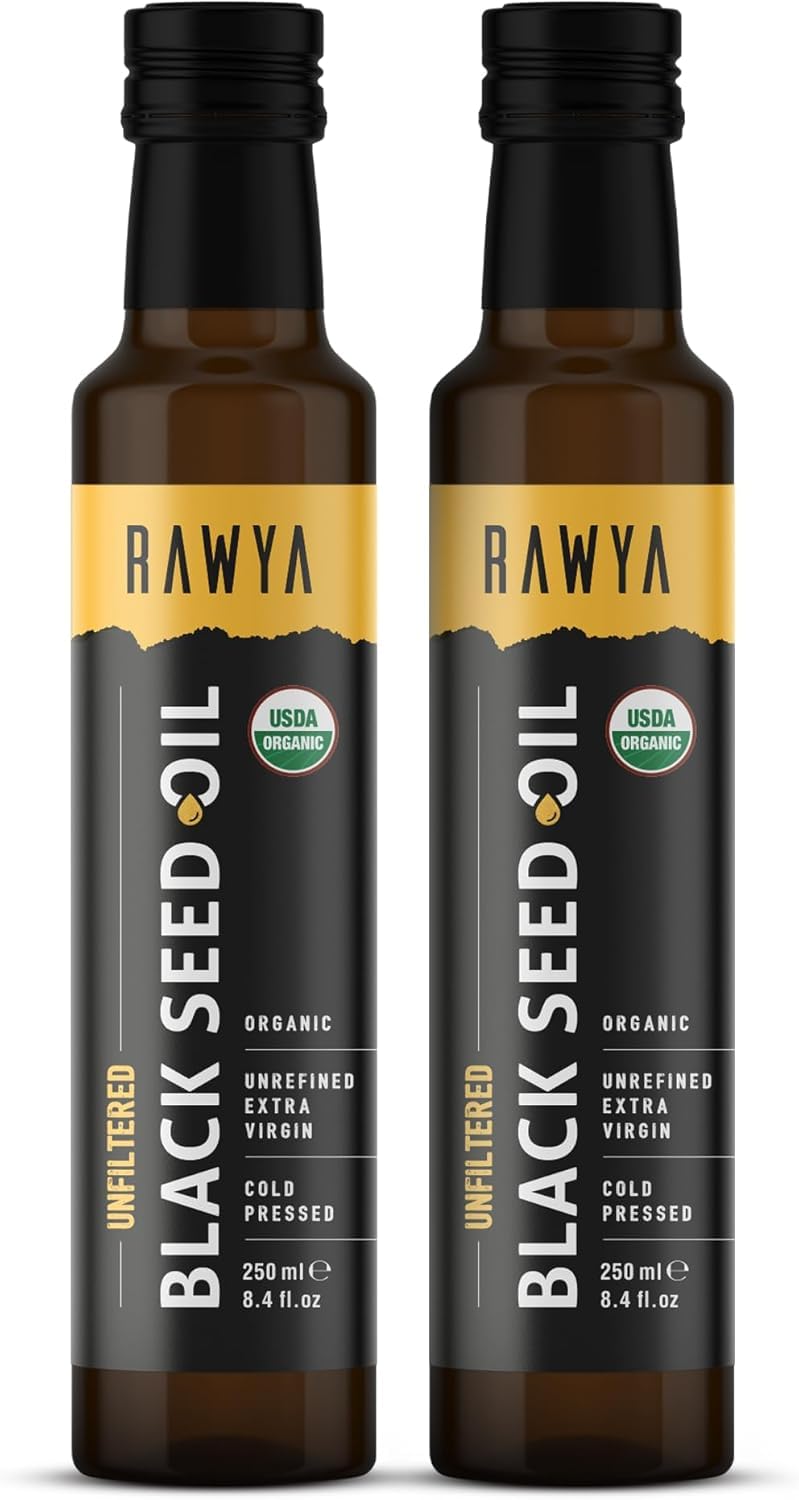 RAWYA Black Seed Oil - Organic Cold-Pressed Nigella Sativa (Turkish Origin) - USDA Organic - 2x250ml Glass