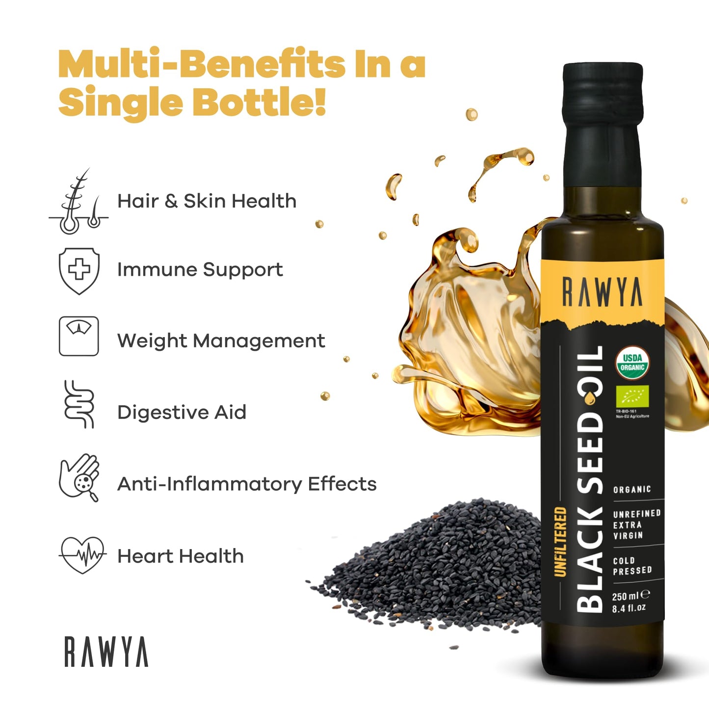RAWYA Black Seed Oil - Organic Cold-Pressed Nigella Sativa (Turkish Origin) - USDA Organic - 2x250ml Glass