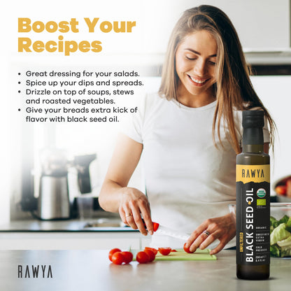 RAWYA Black Seed Oil - Organic Cold-Pressed Nigella Sativa (Turkish Origin) - USDA Organic - 2x250ml Glass