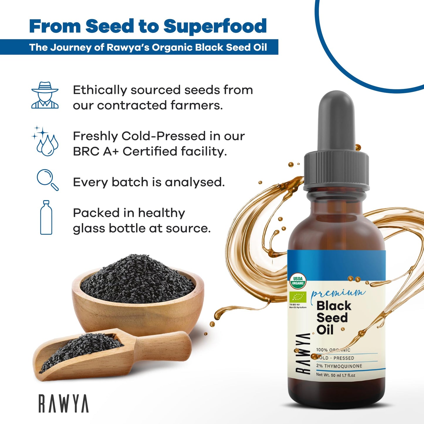 RAWYA Black Seed Oil - Cold Pressed Nigella Sativa | High TQ 2% Kalonji Oil (1.7 fl oz)