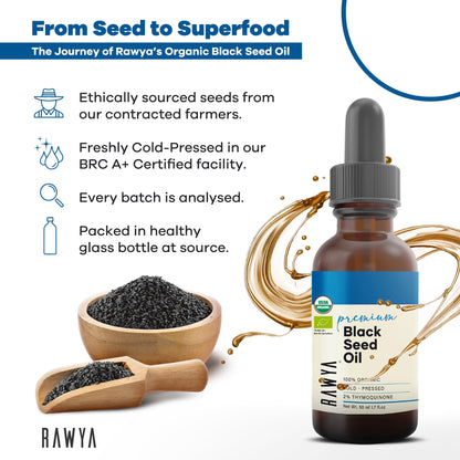 RAWYA Black Seed Oil - Cold Pressed Nigella Sativa | High TQ 2% Kalonji Oil (1.7 fl oz)