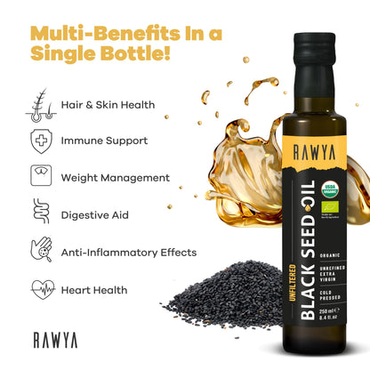RAWYA Black Seed Oil - Unfiltered - 8.4 oz - Organic Full-Spectrum Cold-Pressed
