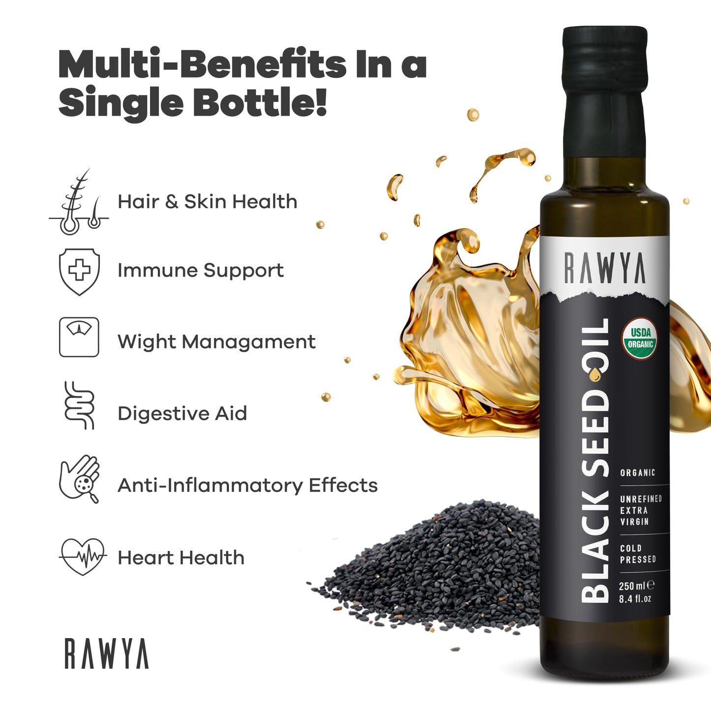 RAWYA Black Seed Oil - USDA Organic, Cold-Pressed, 8.4 fl oz | Nigella Sativa