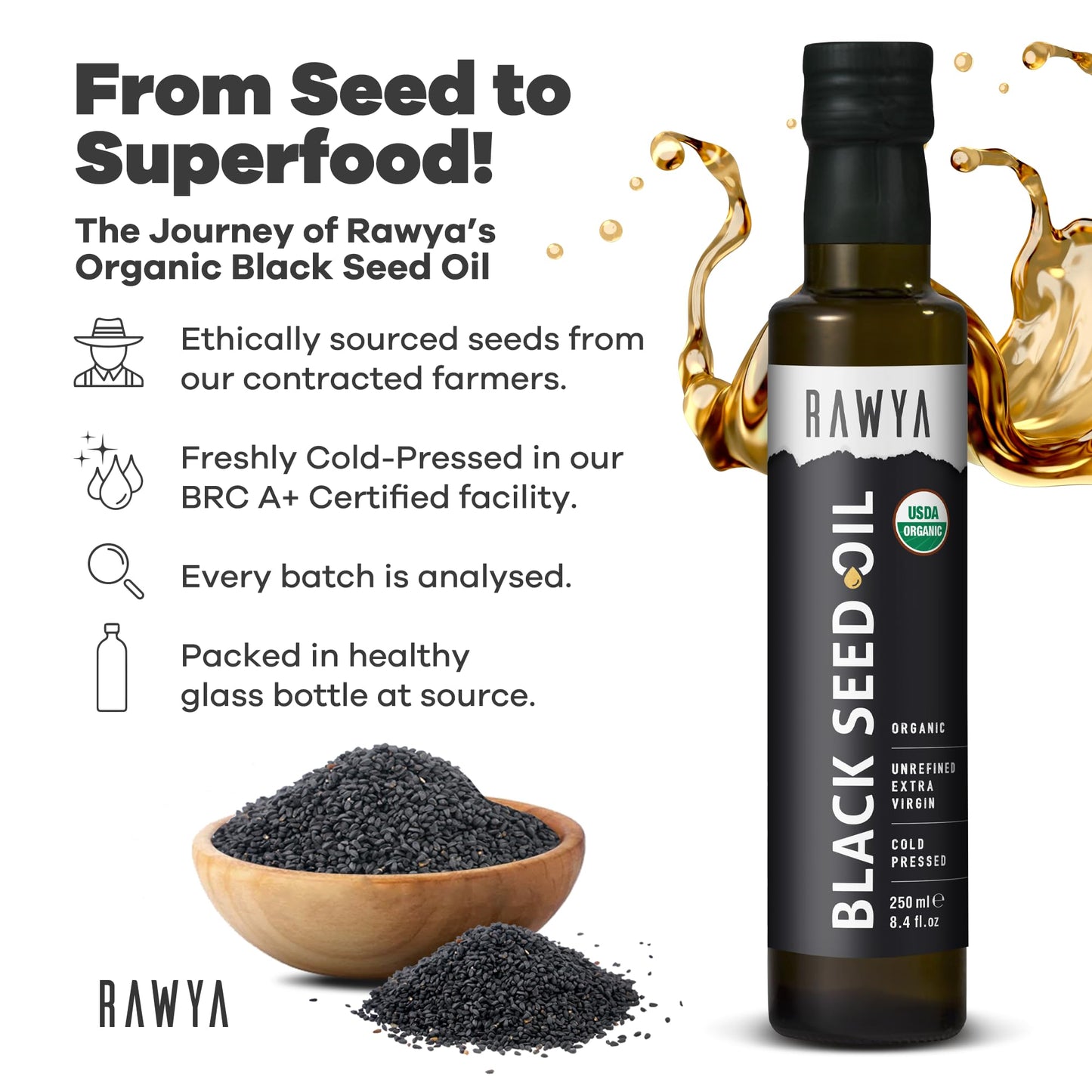 RAWYA Black Seed Oil - USDA Organic, Cold-Pressed, 8.4 fl oz | Nigella Sativa