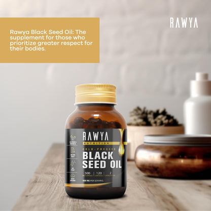 RAWYA Black Seed Oil Softgel Capsules - Halal, Premium Cold-Pressed Nigella Sativa, Non-GMO, 500mg per Capsule - 120 Count