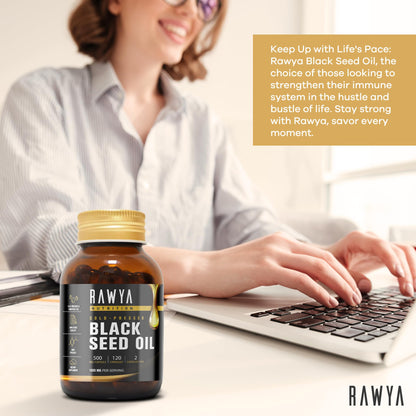 RAWYA Black Seed Oil Softgel Capsules - Halal, Premium Cold-Pressed Nigella Sativa, Non-GMO, 500mg per Capsule - 120 Count