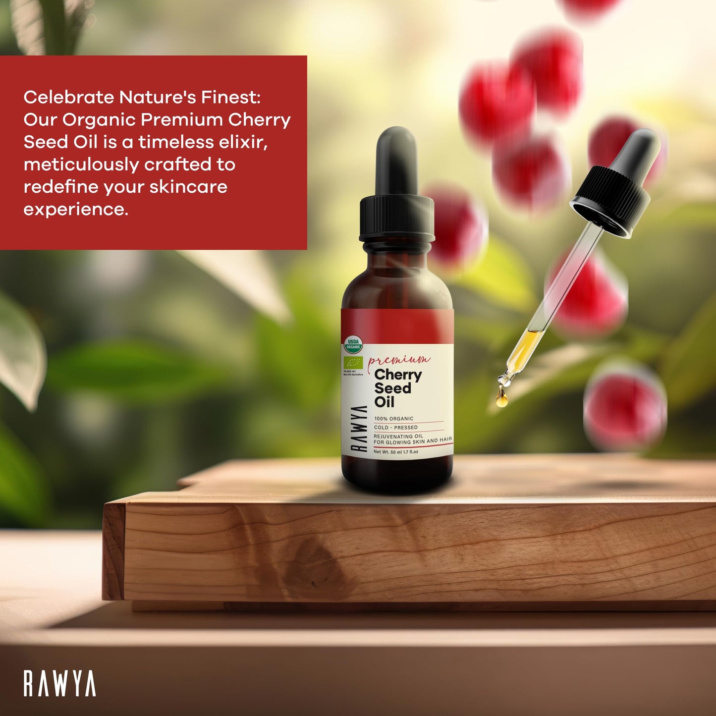 RAWYA Cherry Oil - Cold-Pressed, Unrefined | 1.7 oz Glass Bottle