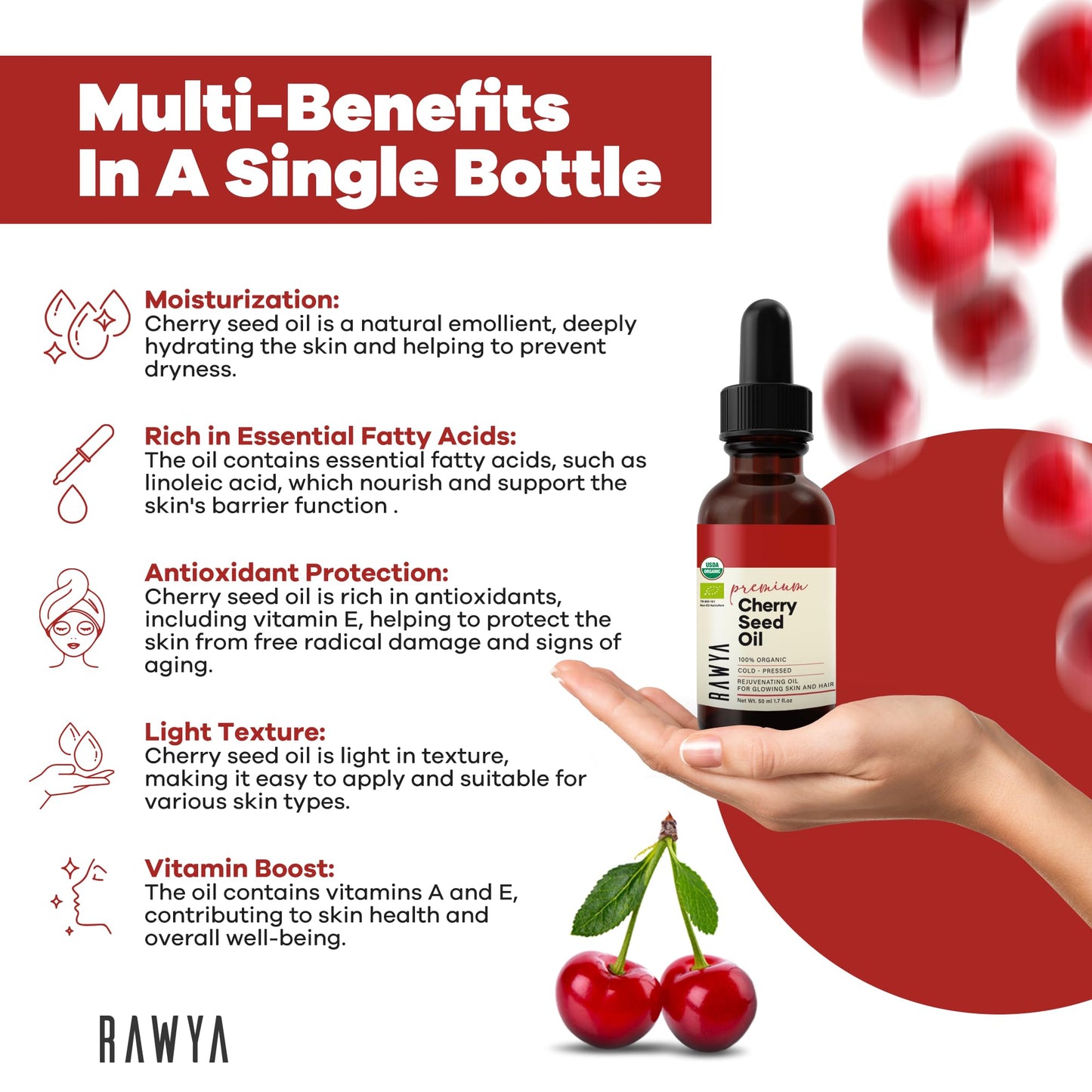 RAWYA Cherry Oil - Cold-Pressed, Unrefined | 1.7 oz Glass Bottle