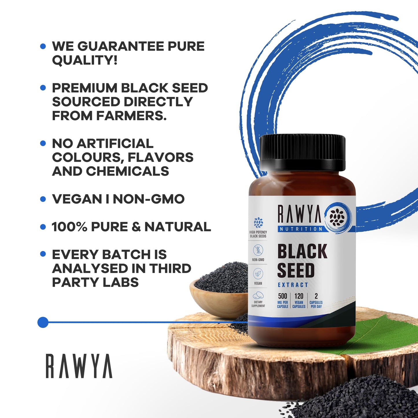RAWYA Nutrition Black Seed Extract 500 mg - Nigella Sativa, 120 Vegan Capsules | Halal, Pure & Natural