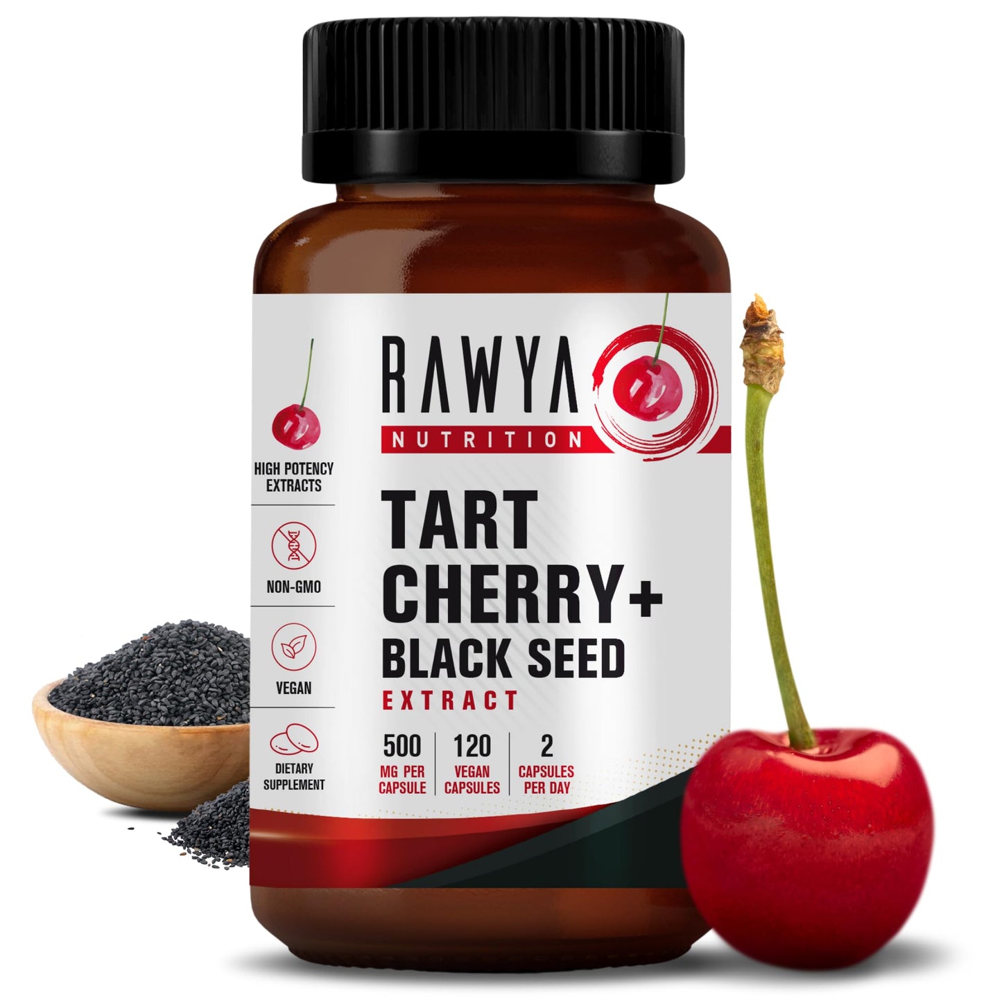 RAWYA Tart Cherry & Black Seed Oil – 500mg Capsules | Gluten Free 120 Count