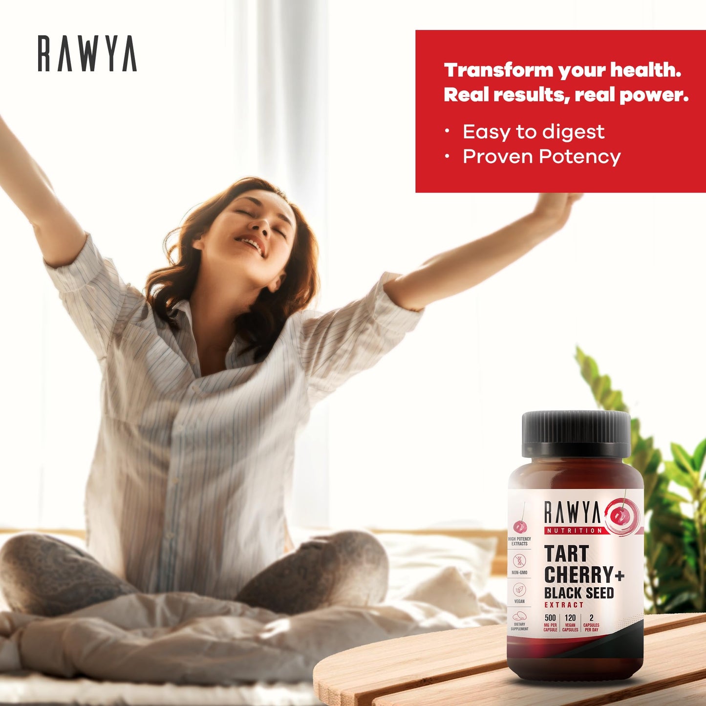 RAWYA Tart Cherry & Black Seed Oil – 500mg Capsules | Gluten Free 120 Count