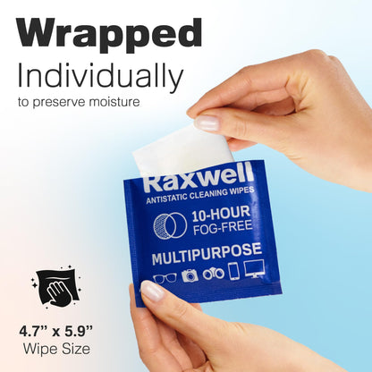 Raxwell Glasses Cleaner Wipes - 200 Count, Unscented, White - Streak-Free Anti-Fog for Glasses, Screens & Devices