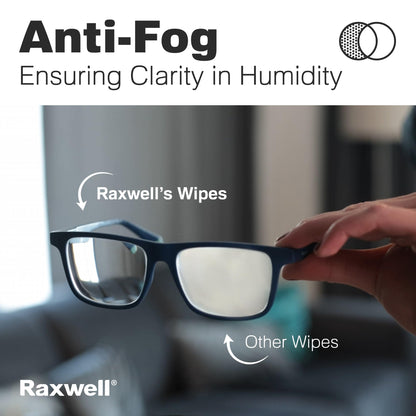 Raxwell Glasses Cleaner Wipes - 200 Count, Unscented, White - Streak-Free Anti-Fog for Glasses, Screens & Devices
