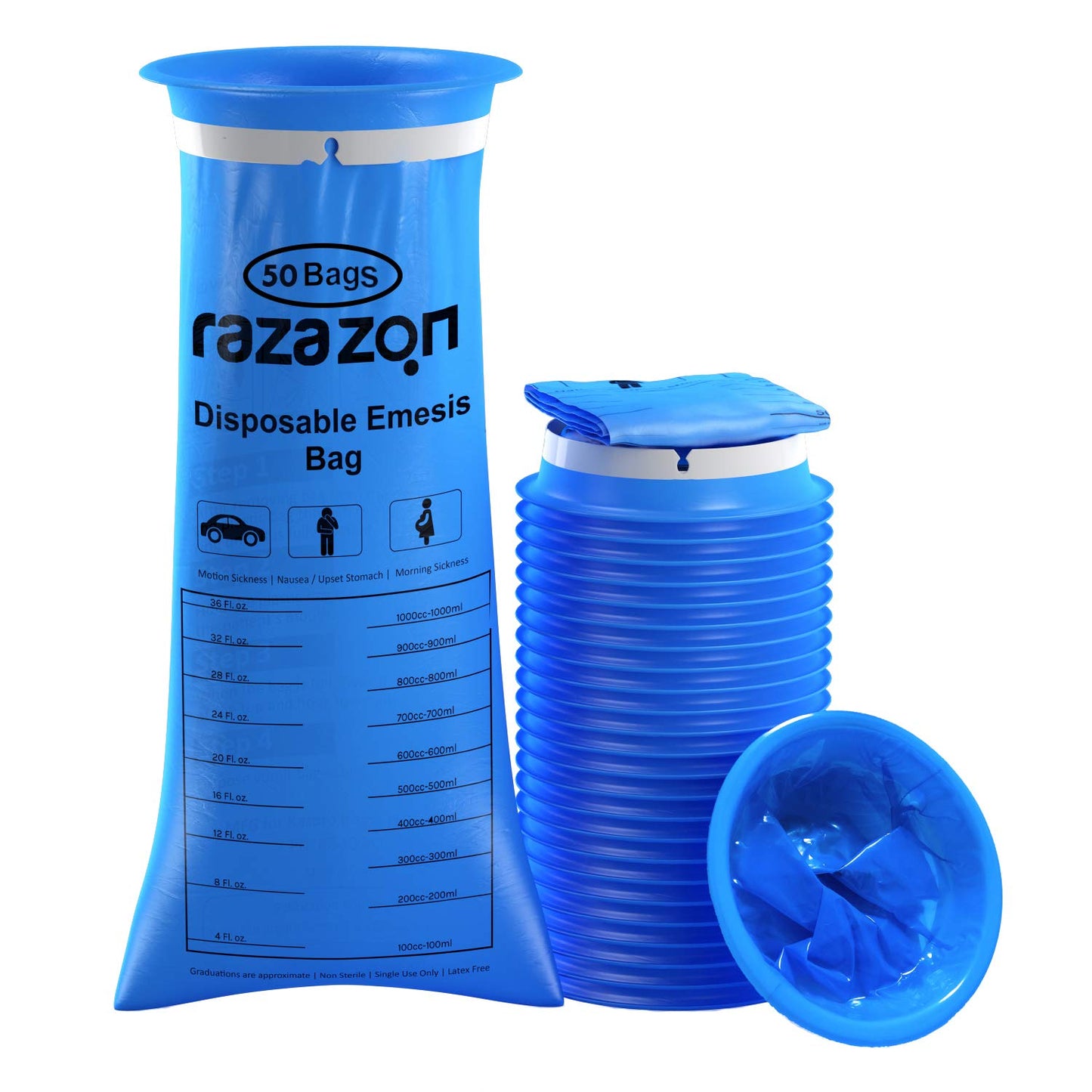 RAZAZON Vomit Bags 50 Pack – Medical-Grade, Leak-Resistant Emesis Bags for Car Travel