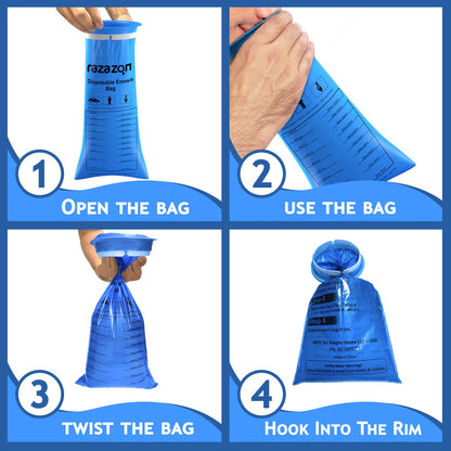 RAZAZON Vomit Bags 50 Pack – Medical-Grade, Leak-Resistant Emesis Bags for Car Travel