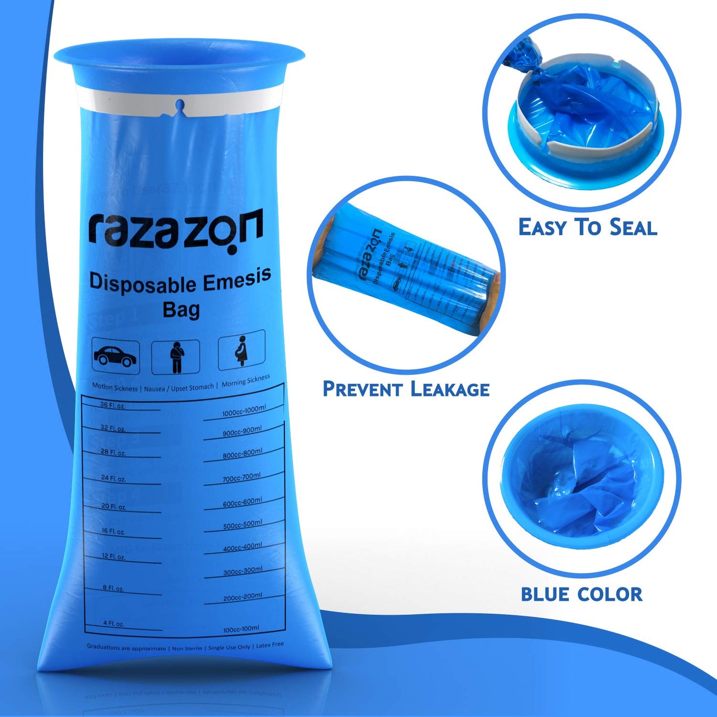 RAZAZON Vomit Bags 50 Pack – Medical-Grade, Leak-Resistant Emesis Bags for Car Travel