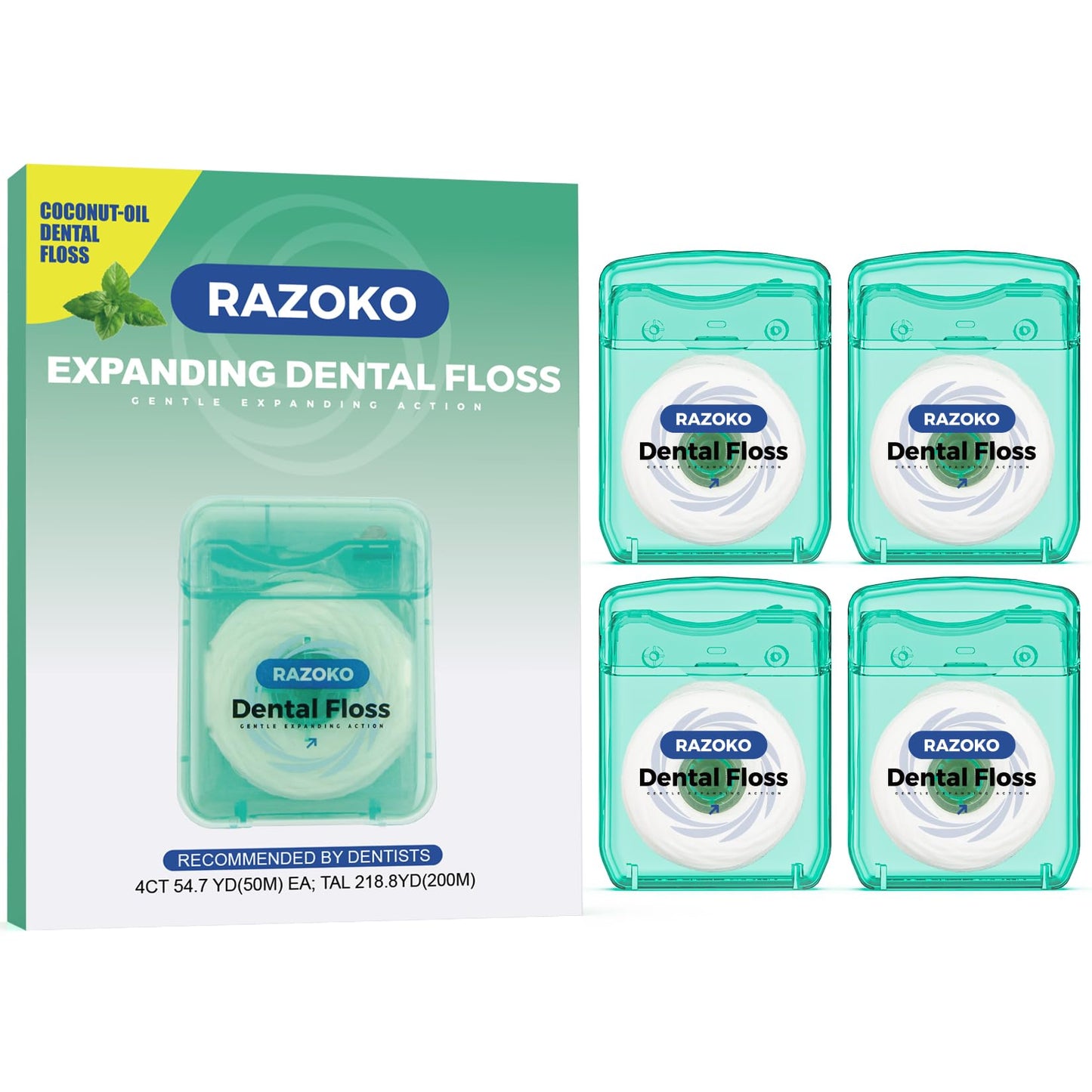 RAZOKO Coconut Oil Dental Floss – Expanding for Wide Spaces – Mint (55 Yards, 4 Count)