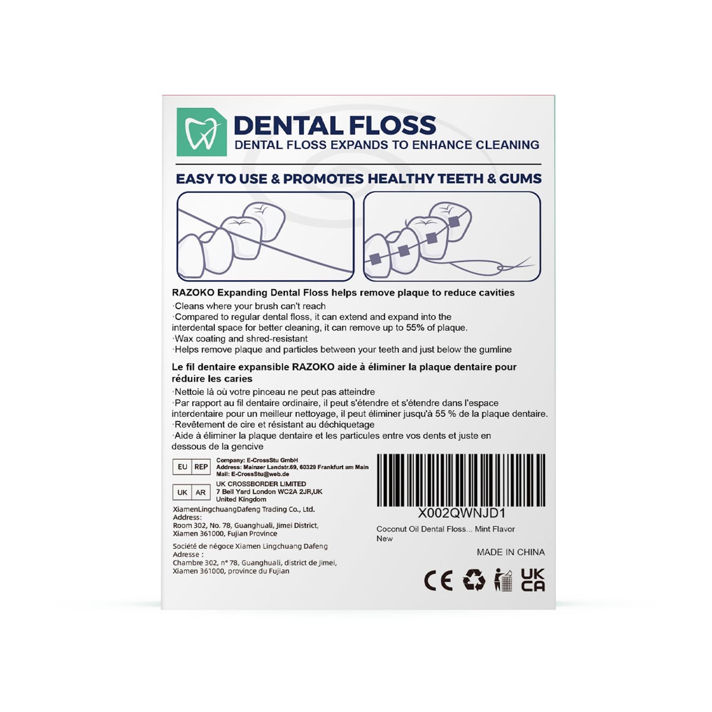 RAZOKO Coconut Oil Dental Floss – Expanding for Wide Spaces – Mint (55 Yards, 4 Count)